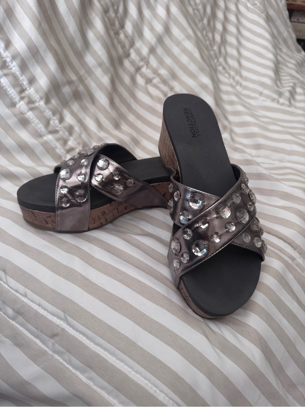 Kenneth Cole Reaction Pewter Crystal-Embellished Slide Wedges